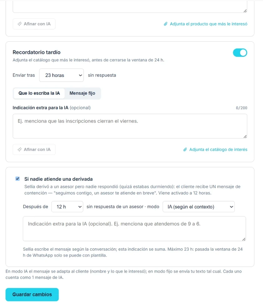 Recordatorios en los ajustes de Sellia: el recordatorio tardío con sus horas y su modo, la casilla «Si nadie atiende una derivada» con su explicación, y el botón Guardar cambios.