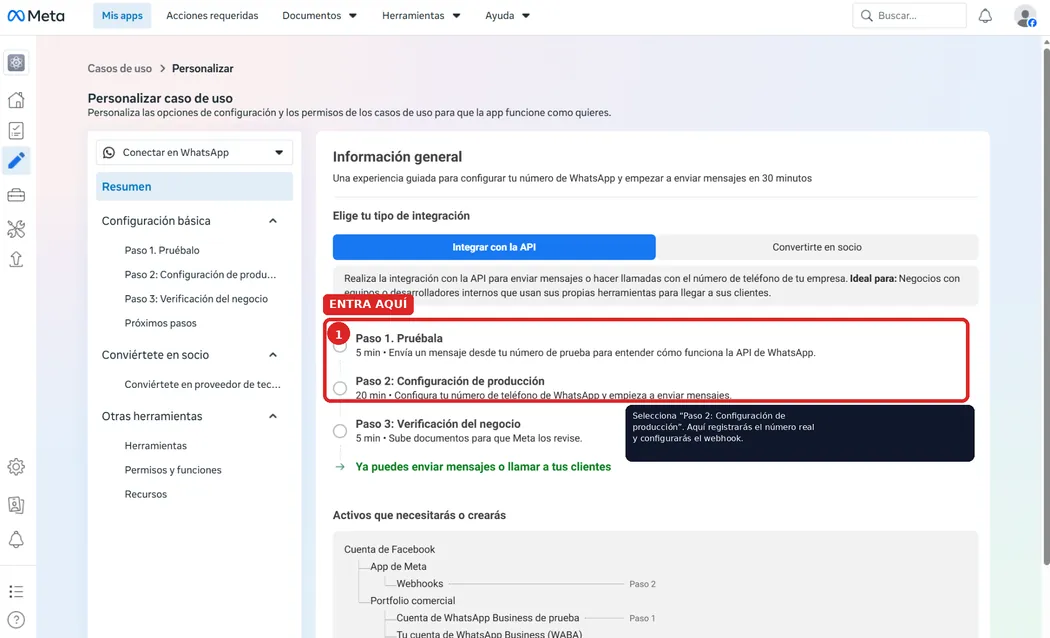 Asistente de Meta «Personalizar caso de uso» con las casillas Paso 1: Pruébala, Paso 2: Configuración de producción y Paso 3: Verificación del negocio.