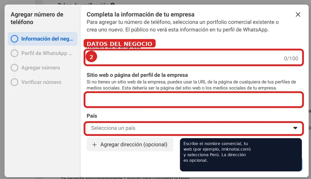 Ventana «Completa la información de tu empresa» de Meta con los campos Nombre de la empresa, Sitio web y País señalados en rojo.