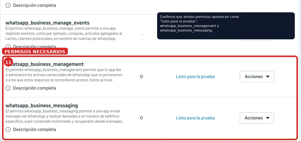 Lista de permisos de la app en Meta con whatsapp_business_management y whatsapp_business_messaging marcados como «Listo para la prueba».