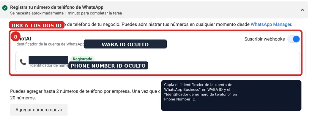 Bloque «Registra tu número de teléfono de WhatsApp» con el identificador de la cuenta de WhatsApp Business, el identificador del número y el interruptor Suscribir webhooks encendido.