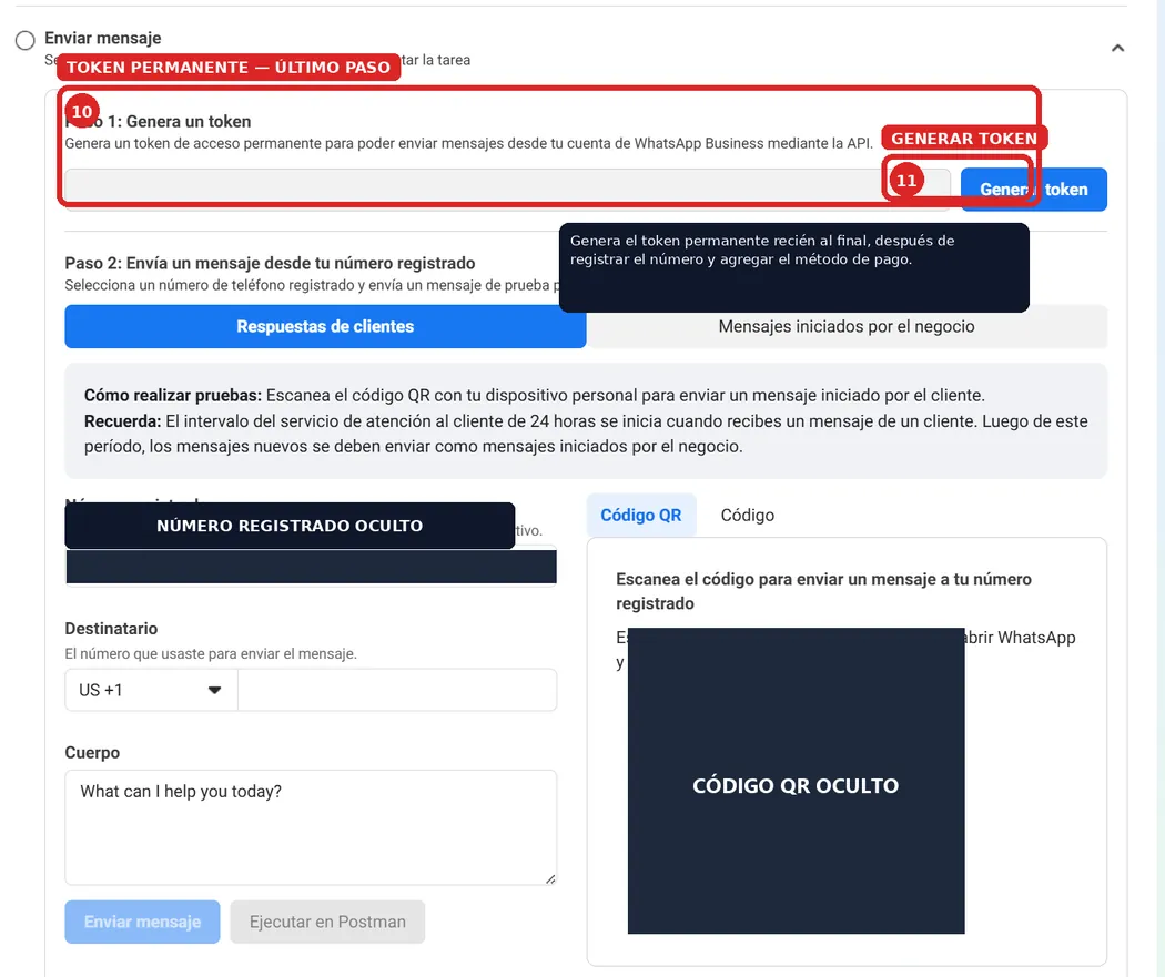 Sección «Enviar mensaje» de Meta con el bloque «Paso 1: Genera un token», que dice «Genera un token de acceso permanente», y el botón Generar token señalado.